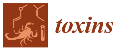 Logo of the Toxins journal. On the left is a red and orange image of a scorpion, test tube and molecular structures, with the word 'toxins' in red on the right
