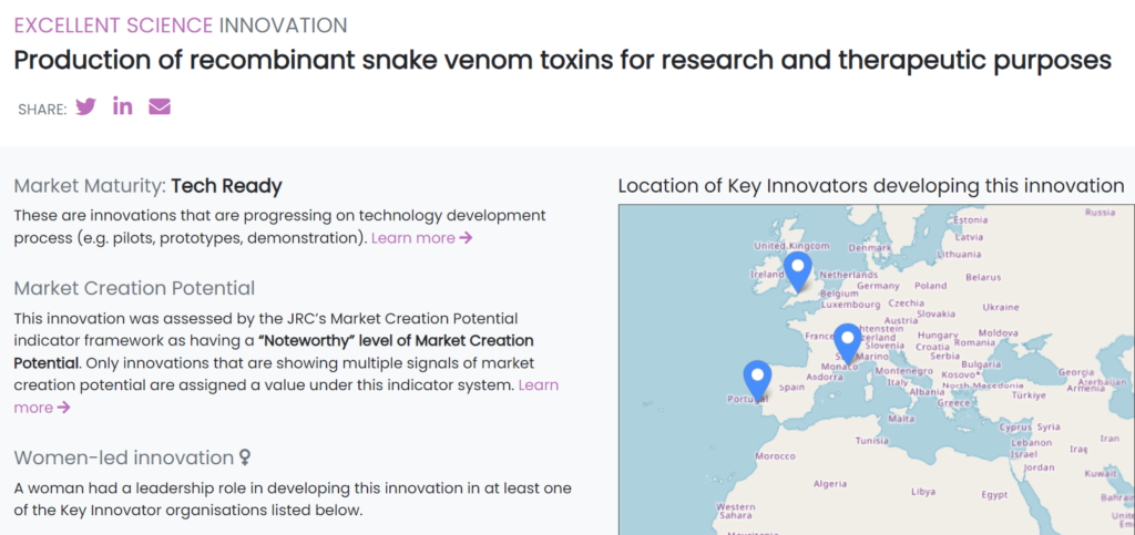 Screenshot of the Innovation platform, with a map of Europe highlighting the universities involved, plus some text about the innovation.